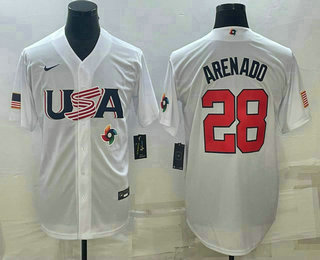 Men%27s USA Baseball #28 Nolan Arenado Number 2023 White World Baseball Classic Replica Stitched Jersey1